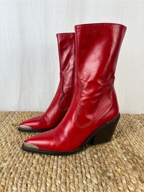 Zara Red Leather Pointed-Toe Western Heeled Boots